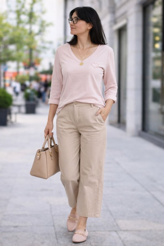 Bluzka damska pudrowy róż V-neck serduszko uniwersalna