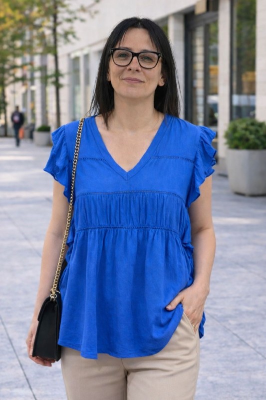 Bluzka damska niebieska boho falbanki zwiewna M