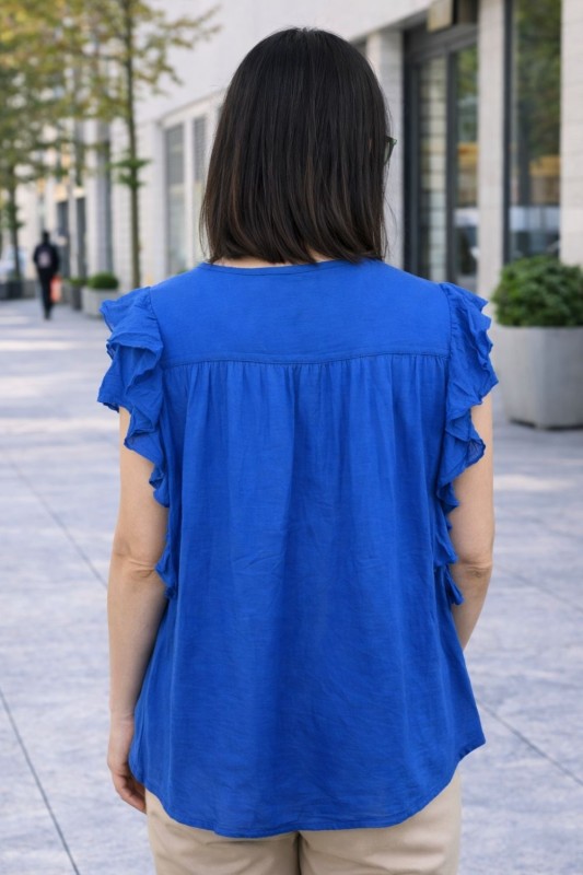 Bluzka damska niebieska boho falbanki zwiewna M