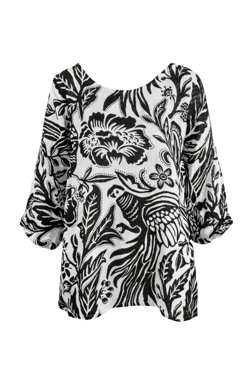 Bluzka damska oversize Włoska 100% bawełna czarno biała boho kwiaty