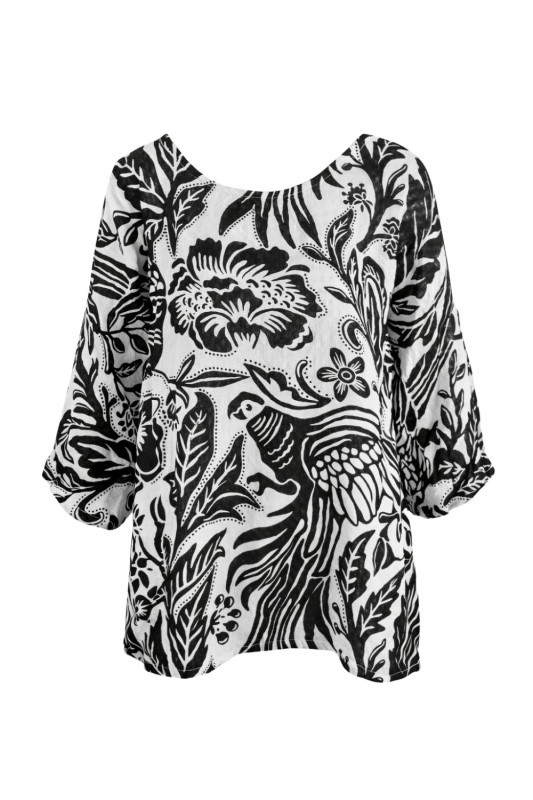 Bluzka damska oversize Włoska 100% bawełna czarno biała boho kwiaty
