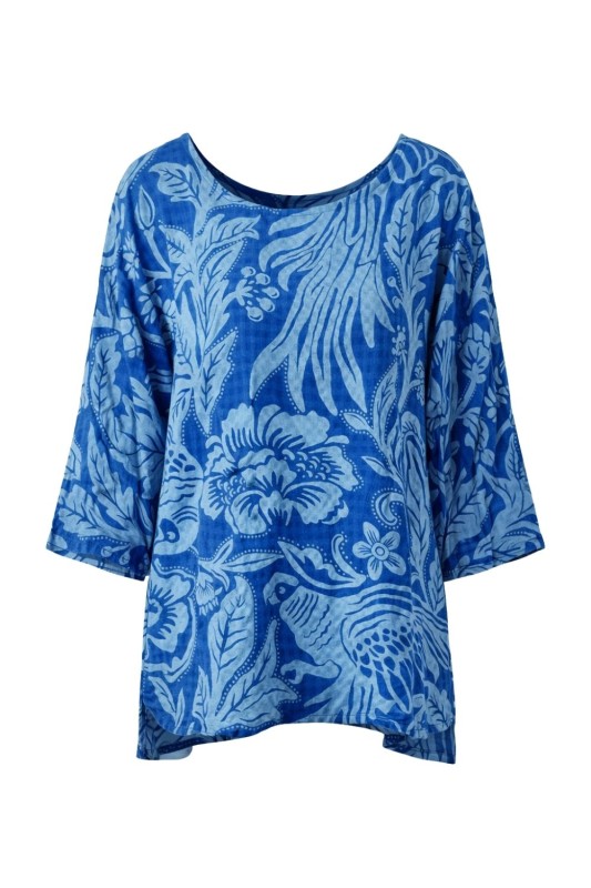 Bluzka damska oversize Włoska 100% bawełna niebiesko biała boho kwiaty