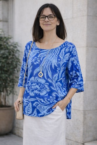 Bluzka damska oversize Włoska 100% bawełna niebiesko biała boho kwiaty