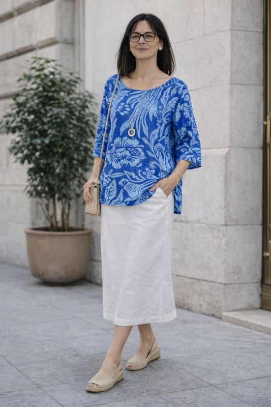 Bluzka damska oversize Włoska 100% bawełna niebiesko biała boho kwiaty