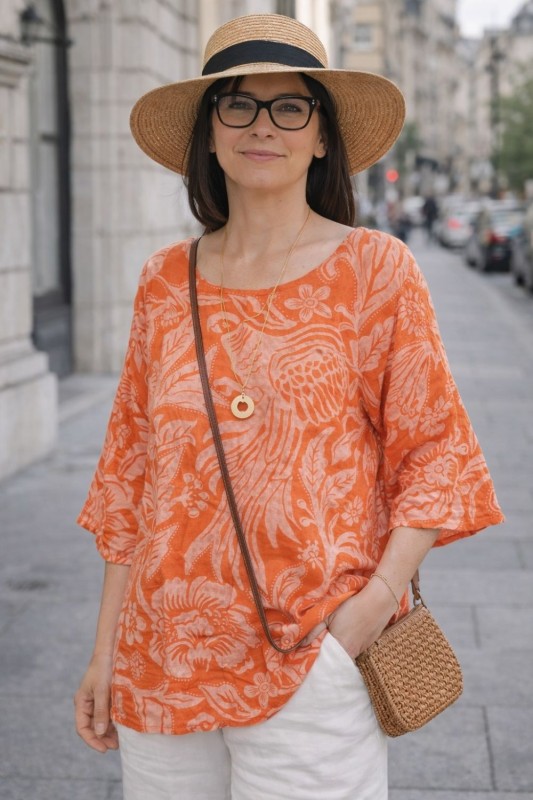 Bluzka damska oversize Włoska 100% bawełna pomarańczowo biała boho kwiaty