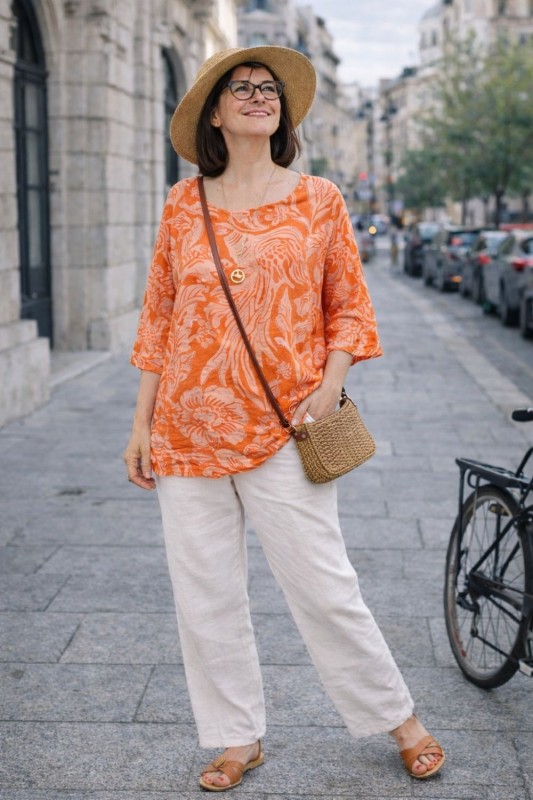 Bluzka damska oversize Włoska 100% bawełna pomarańczowo biała boho kwiaty