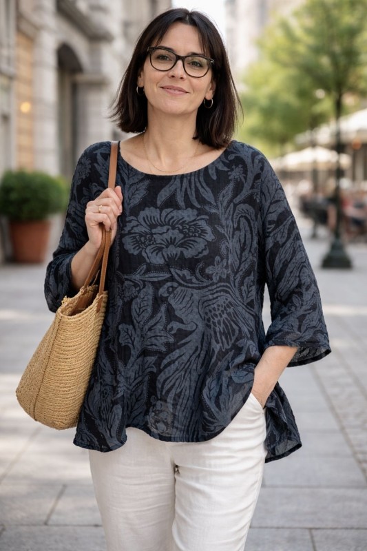 Bluzka damska oversize Włoska 100% bawełna czarno szara boho kwiaty
