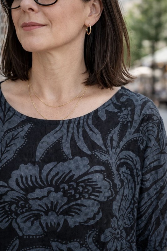 Bluzka damska oversize Włoska 100% bawełna czarno szara boho kwiaty