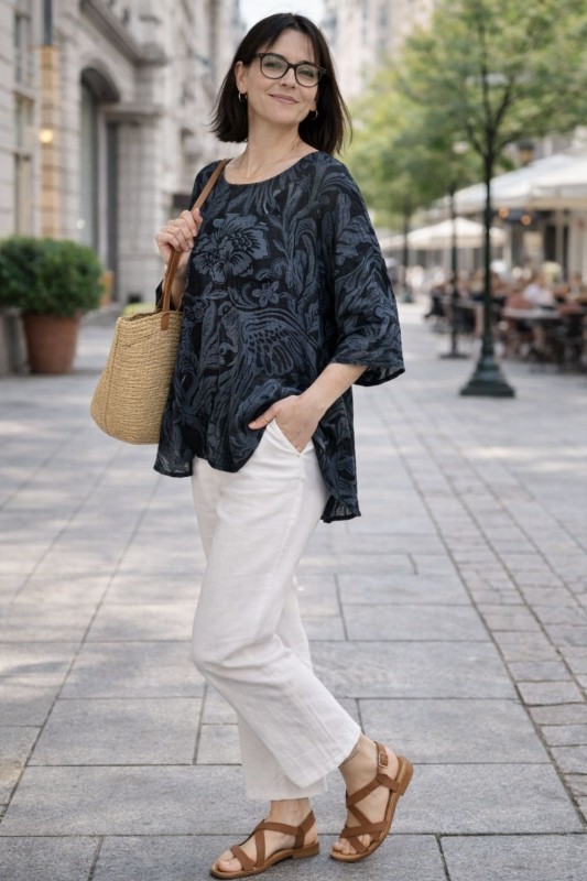Bluzka damska oversize Włoska 100% bawełna czarno szara boho kwiaty
