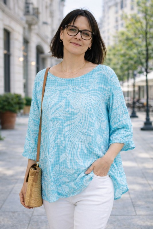 Bluzka damska oversize Włoska 100% bawełna turkusowo biała boho kwiaty