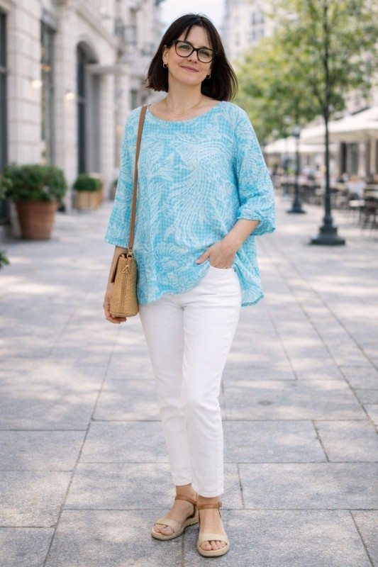 Bluzka damska oversize Włoska 100% bawełna turkusowo biała boho kwiaty