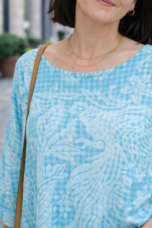 Bluzka damska oversize Włoska 100% bawełna turkusowo biała boho kwiaty