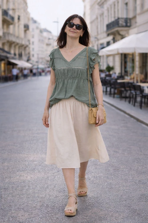 Bluzka damska khaki boho falbanki zwiewna M