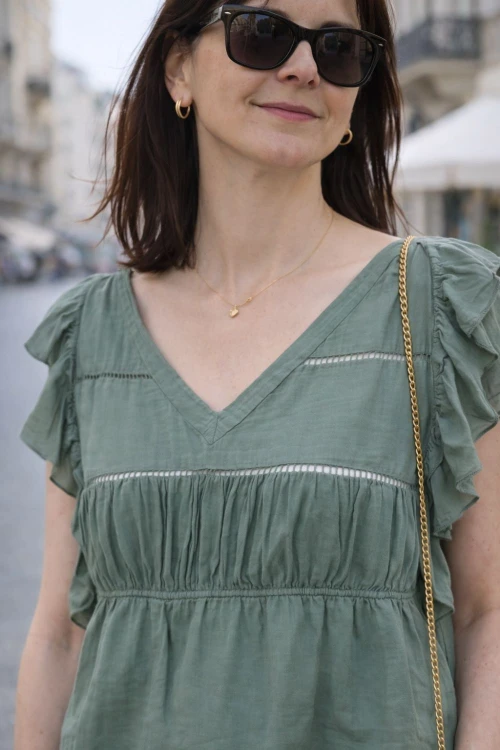 Bluzka damska khaki boho falbanki zwiewna XS