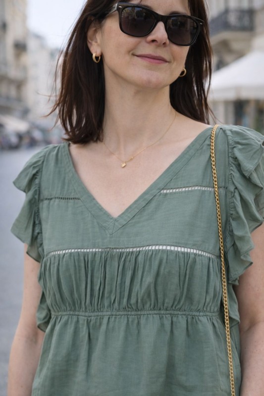 Bluzka damska khaki boho falbanki zwiewna XS