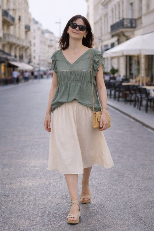 Bluzka damska khaki boho falbanki zwiewna XS
