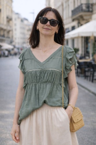 Bluzka damska khaki boho falbanki zwiewna L