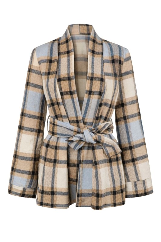 Narzutka marynarka w kratę damska wiązana pasek oversize elegancka