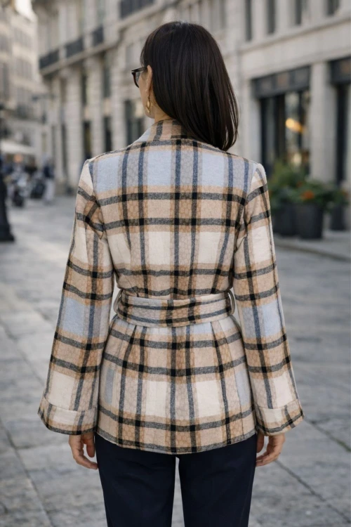 Narzutka marynarka w kratę damska wiązana pasek oversize elegancka