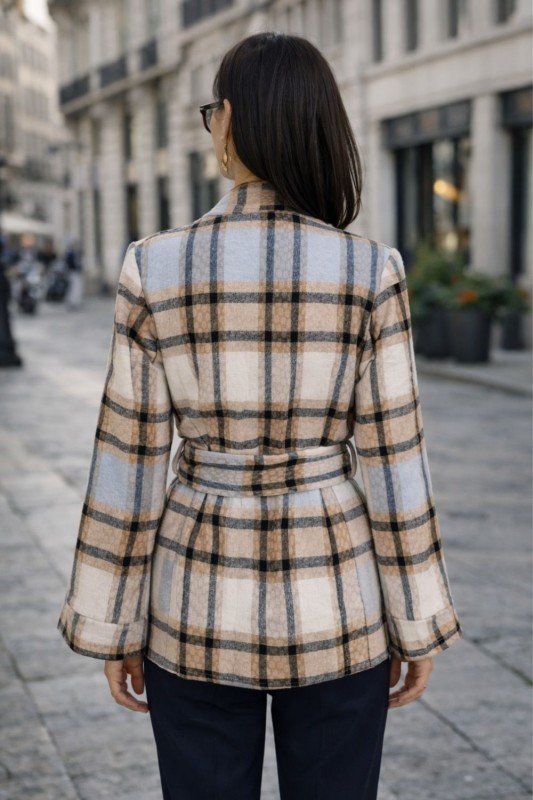 Narzutka marynarka w kratę damska wiązana pasek oversize elegancka