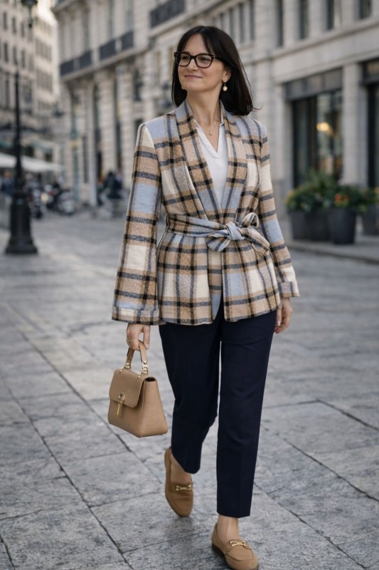 Narzutka marynarka w kratę damska wiązana pasek oversize elegancka