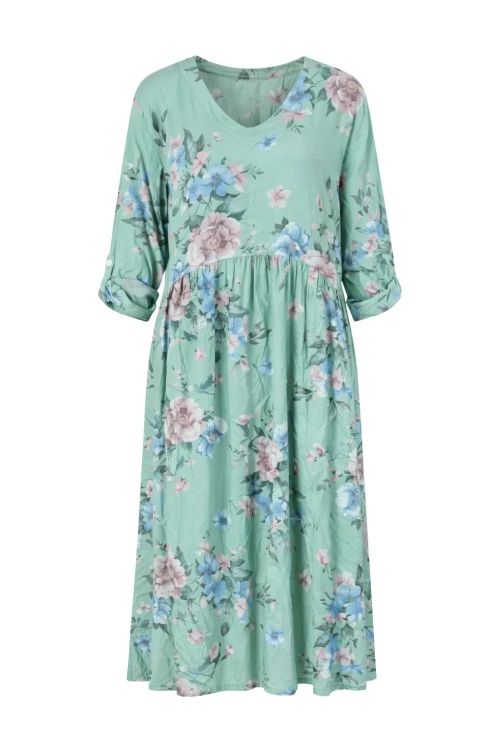 Sukienka damska midi zielona w kwiaty V-neck oversize lekka wiosna lato