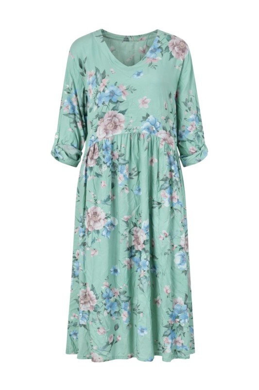 Sukienka damska midi zielona w kwiaty V-neck oversize lekka wiosna lato