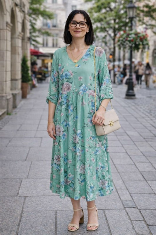 Sukienka damska midi zielona w kwiaty V-neck oversize lekka wiosna lato