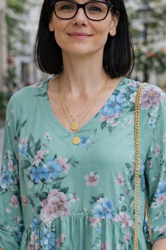 Sukienka damska midi zielona w kwiaty V-neck oversize lekka wiosna lato