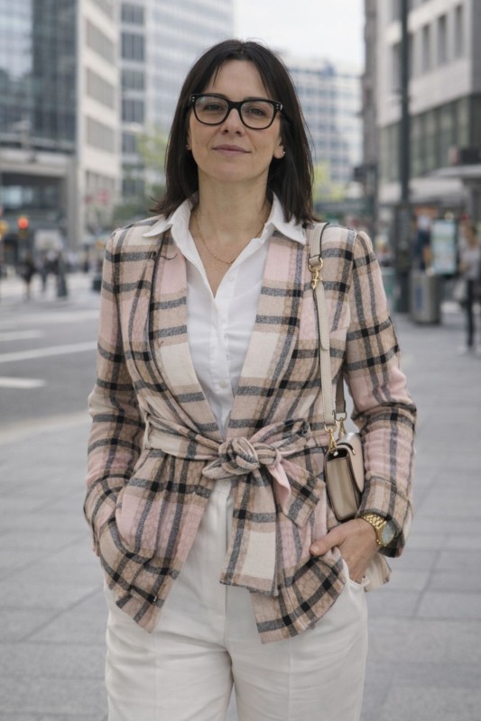Narzutka marynarka damska w kratę wiązana pasek elegancka Uni