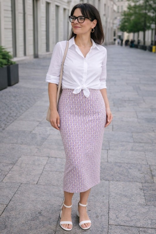 Spódnica ołówkowa midi we wzory fioletowa wysoki stan elegancka Uni
