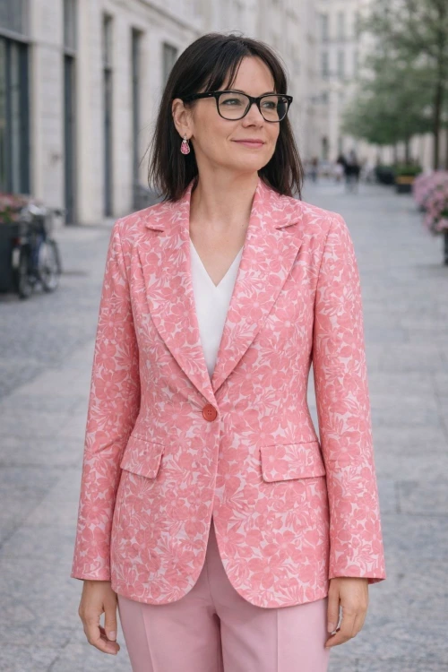 Marynarka damska kwiatowa koralowa lekka blazer Włoska Uni