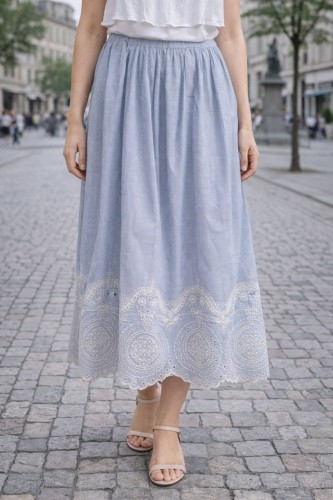 Spódnica damska midi błękitna haft paski Italy lekka boho Uni