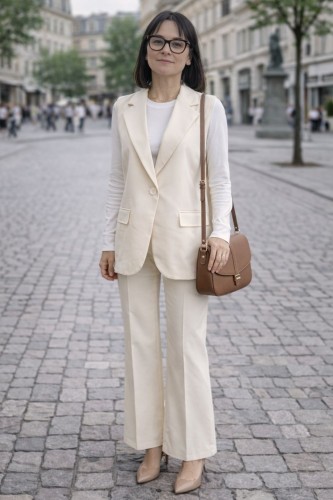 Komplet Damski Elegancki Ecru Kamizelka + Spodnie Włoski Styl Uni