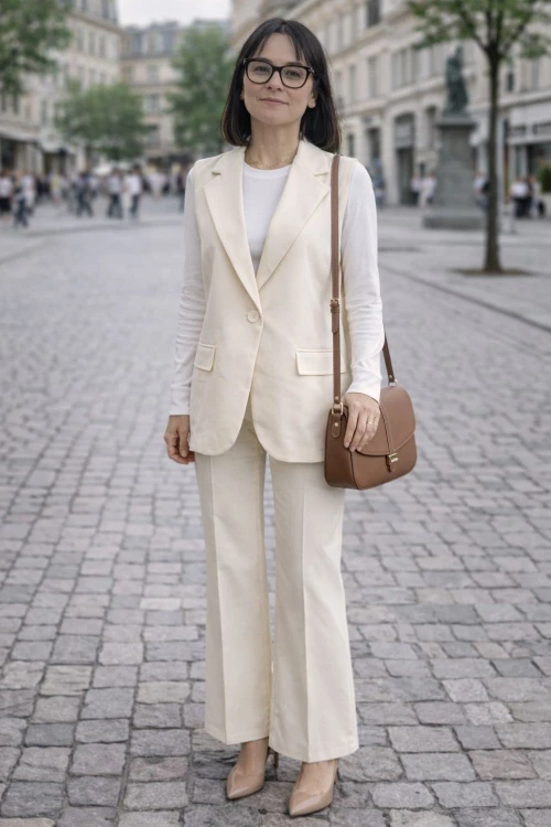 Komplet Damski Elegancki Ecru Kamizelka + Spodnie Włoski Styl Uni