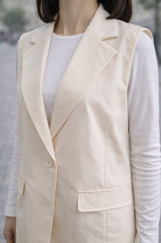 Komplet Damski Elegancki Ecru Kamizelka + Spodnie Włoski Styl Uni