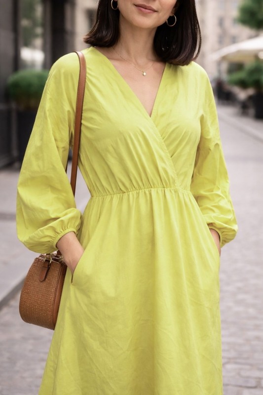 Sukienka damska maxi limonkowa kopertowa rękaw bufka Oversize
