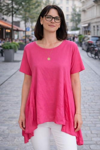 Bluzka damska oversize różowa ITALY len bawełna lekka