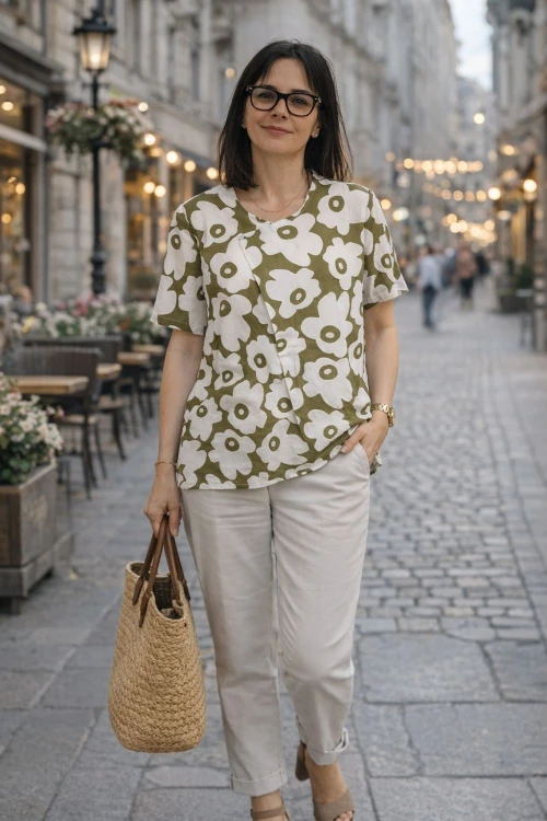 Bluzka damska kwiatowa jasnozielona luźny krój, przewiewna, styl casual One Size