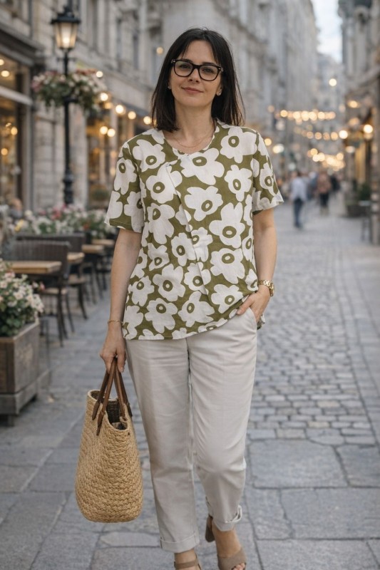 Bluzka damska kwiatowa jasnozielona luźny krój, przewiewna, styl casual One Size