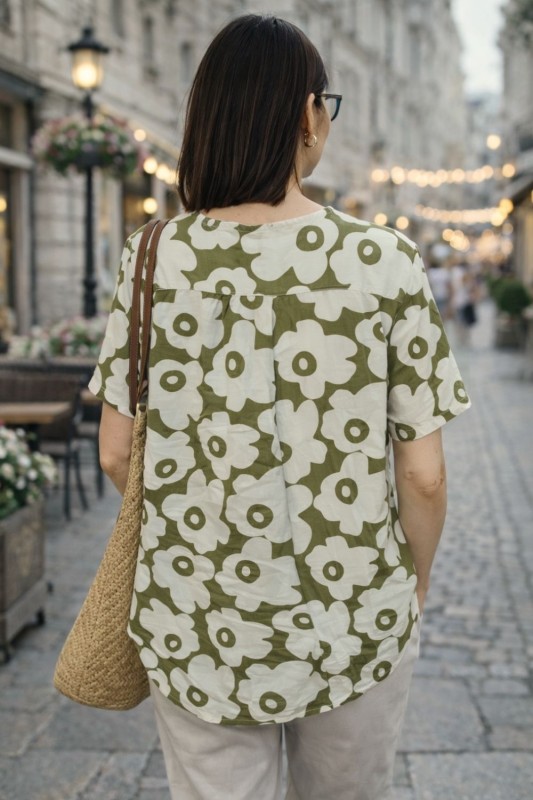 Bluzka damska kwiatowa jasnozielona luźny krój, przewiewna, styl casual One Size