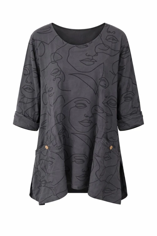 Bluzka damska oversize grafitowa – luźna, wygodna, print twarzy Uni