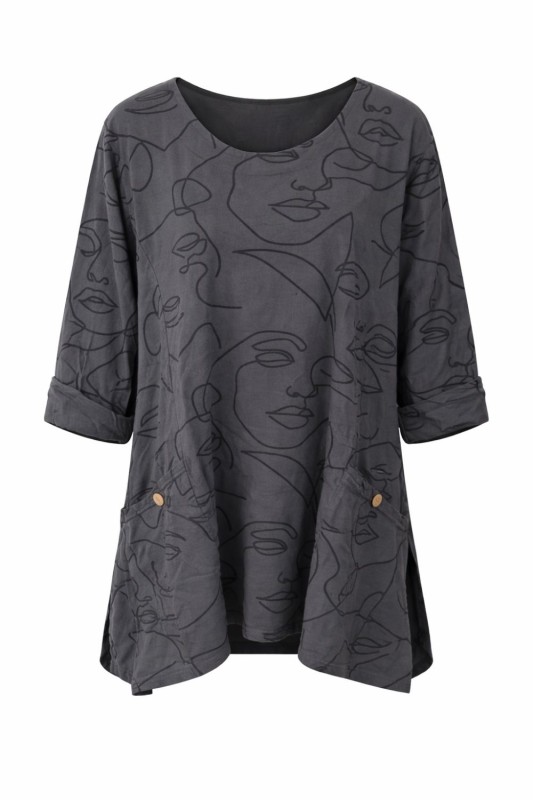 Bluzka damska oversize grafitowa – luźna, wygodna, print twarzy Uni