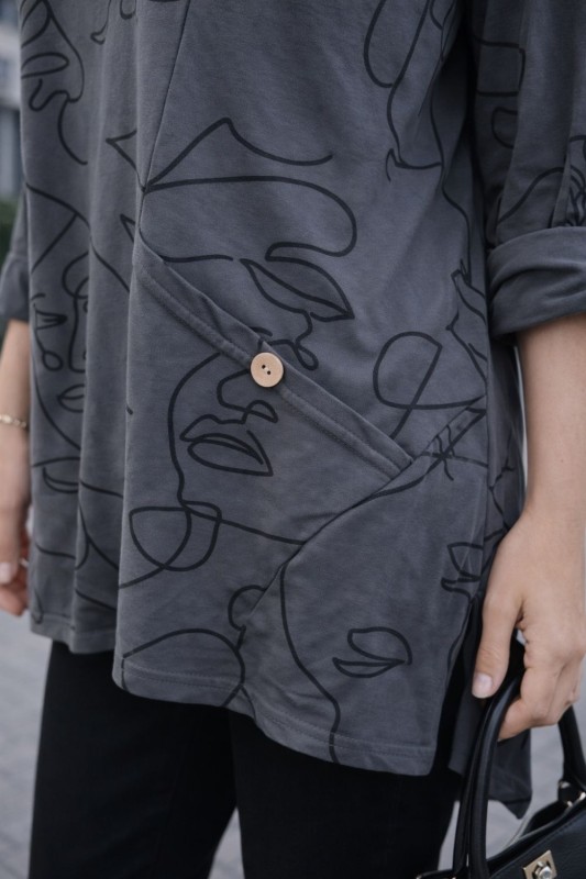 Bluzka damska oversize grafitowa – luźna, wygodna, print twarzy Uni