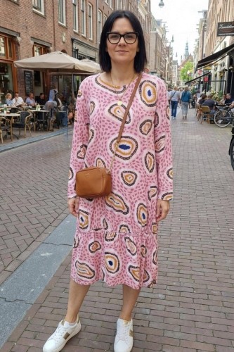 Sukienka damska luźna oversize różowa wzory kieszenie casual Uni