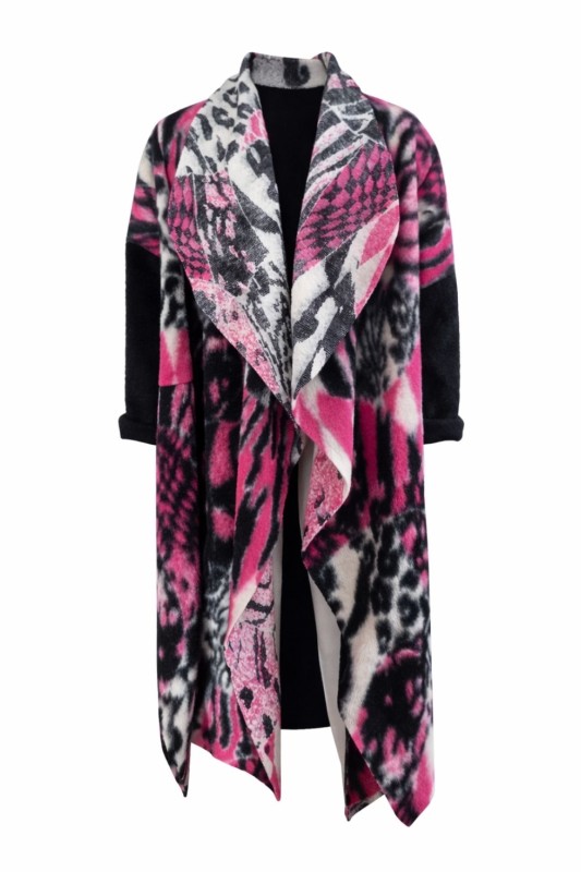 Płaszcz damski wełniany 80% WOOL włoski oversize różowy wzór Uni