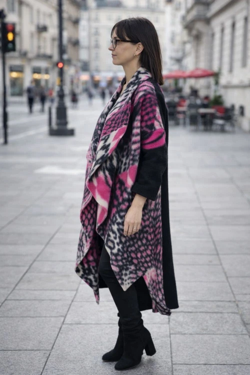 Płaszcz damski wełniany 80% WOOL włoski oversize różowy wzór Uni