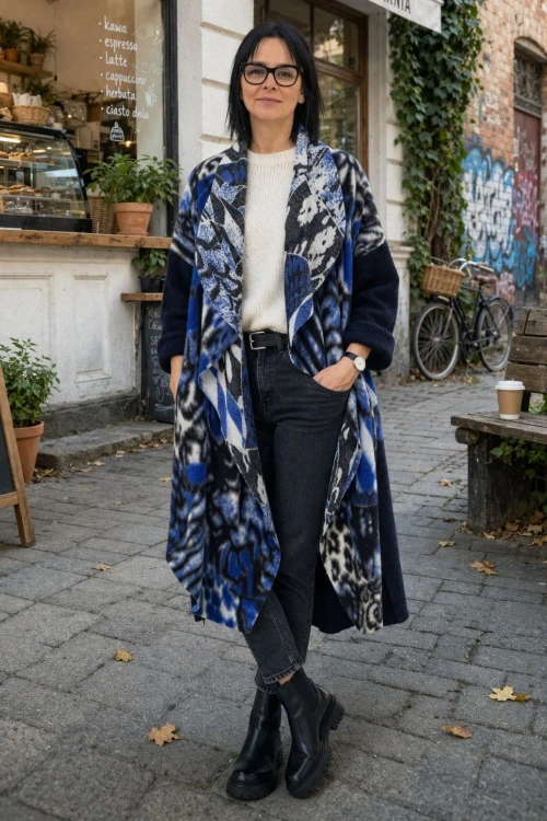 Płaszcz damski wełniany 80% WOOL włoski oversize chabrowy wzór Uni