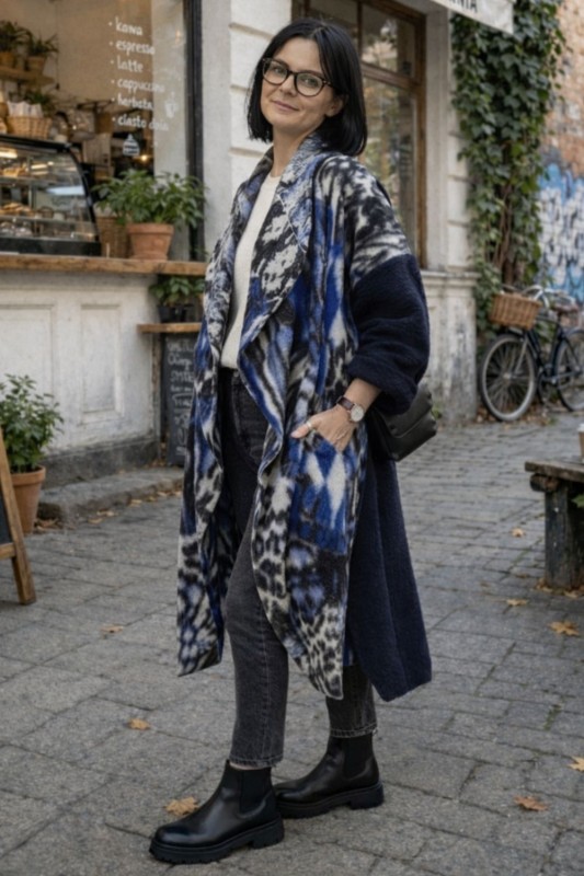 Płaszcz damski wełniany 80% WOOL włoski oversize chabrowy wzór Uni