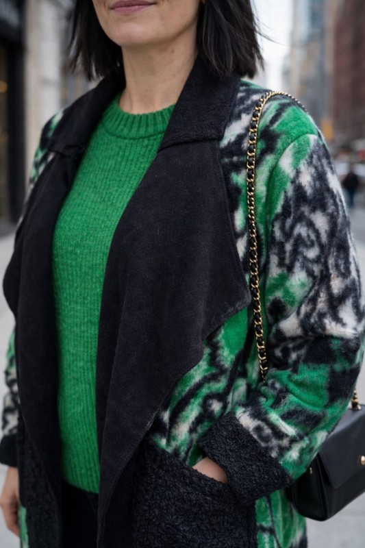 Płaszcz damski wełniany 80% WOOL włoski oversize zielony wzór Uni